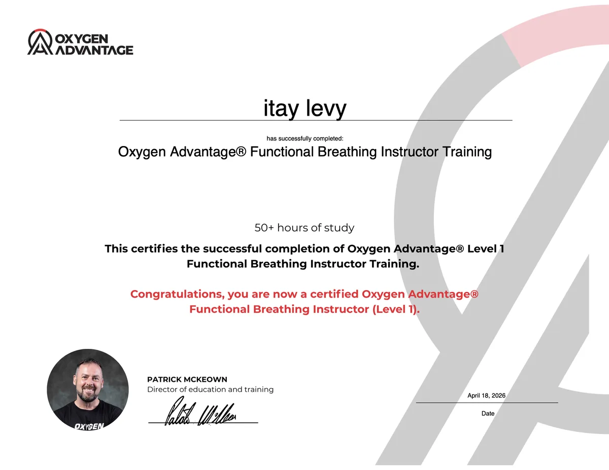 תעודת Oxygen Advantage Functional Breathing Instructor Level 1 של איתי לוי